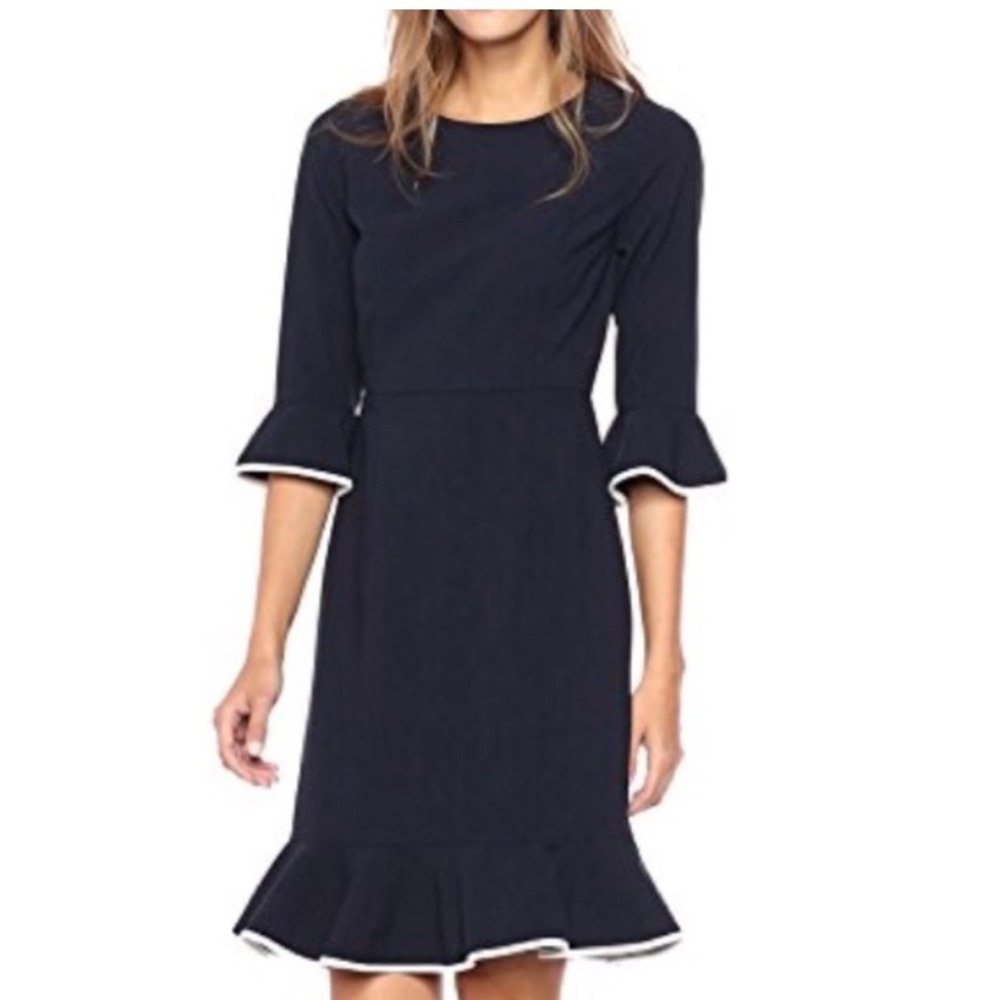Nanette Lepore Navy Flounce Bell Sleeve Dress White Trim‎
